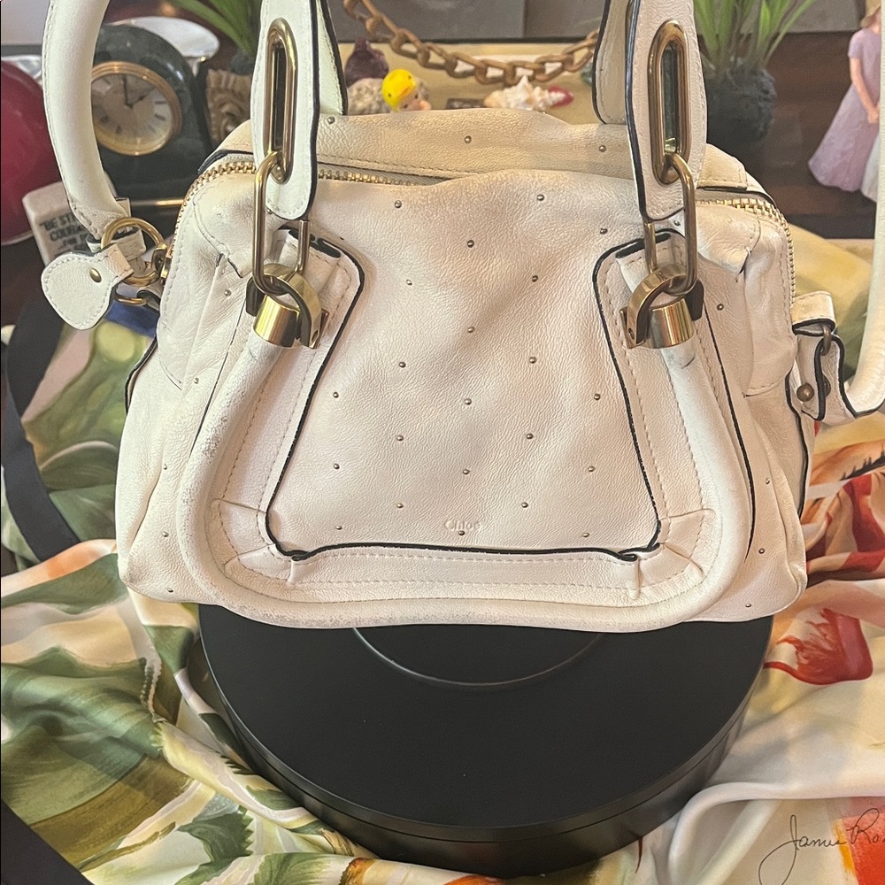 Chloe White Satchel with Gold Accents - Picture 1 of 17